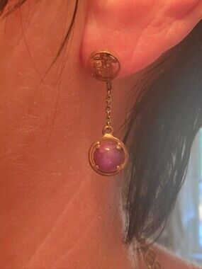 Vintage Star Ruby Drop Earrings/ 14 K Gold